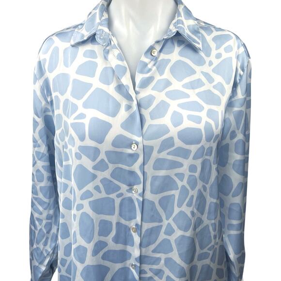 Zara Blue White Silk Satin Animal Print Long Sleeve Button Down Shirt Top Size S - Picture 3 of 5